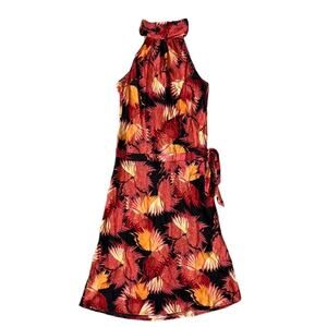 BCBGMaxAzria Saffron Red Silk Drop Waist Mini Dress Halter Neck Tropical Flower